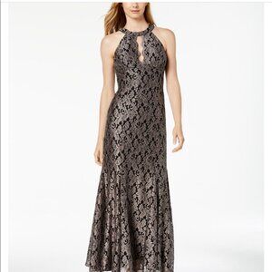Macy’s Nightway Lace Keyhole Mermaid Halter Gown - Black & Taupe, Size 12